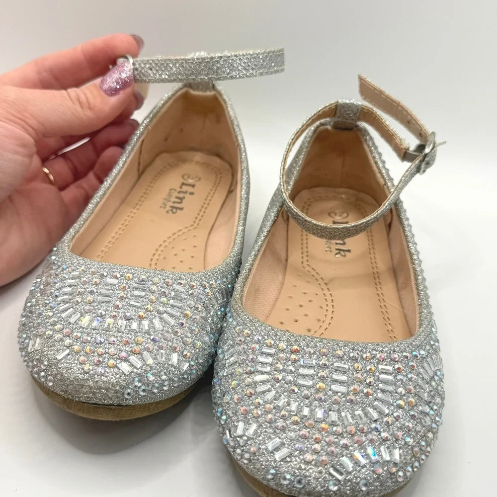 Link Comfort‎ Girls Silver Glitter Rhinestone Ankle Strap Dress Shoes Size 12